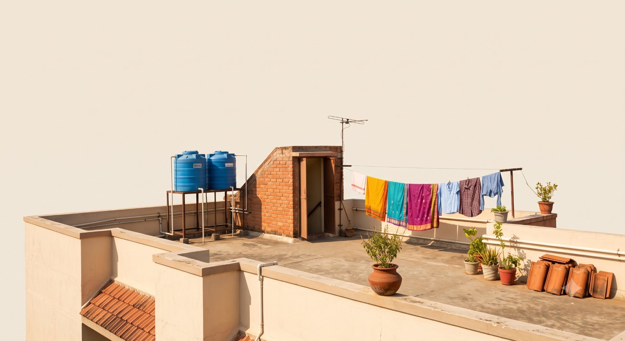 A Chennai terrace with water tanks, a staircase room, potted plants and washing on the line